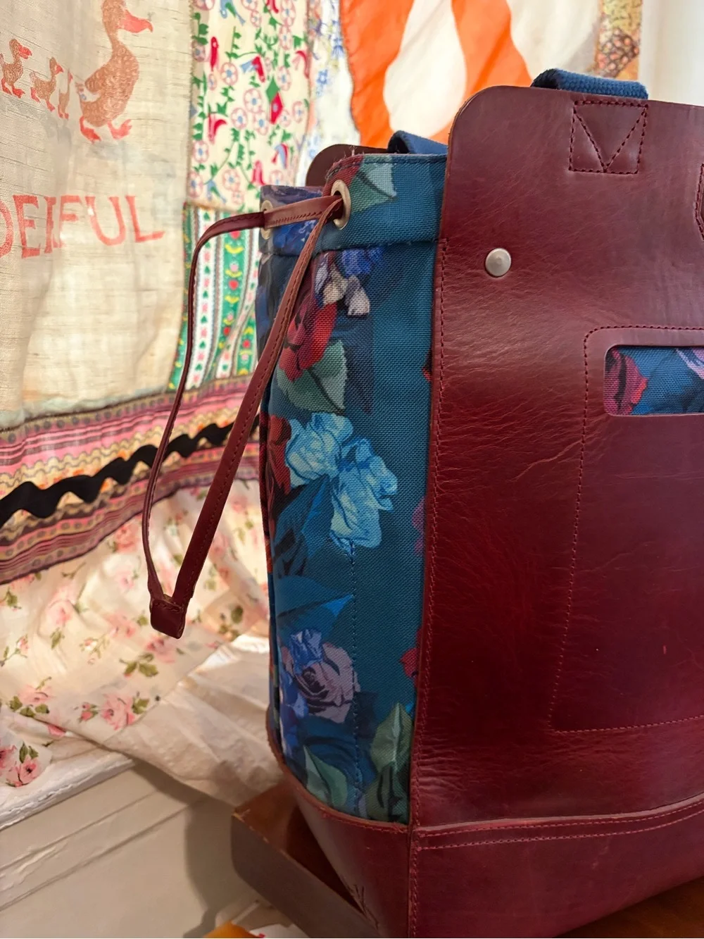 John Fluevog Leather & Floral Canvas Large Tote Bag